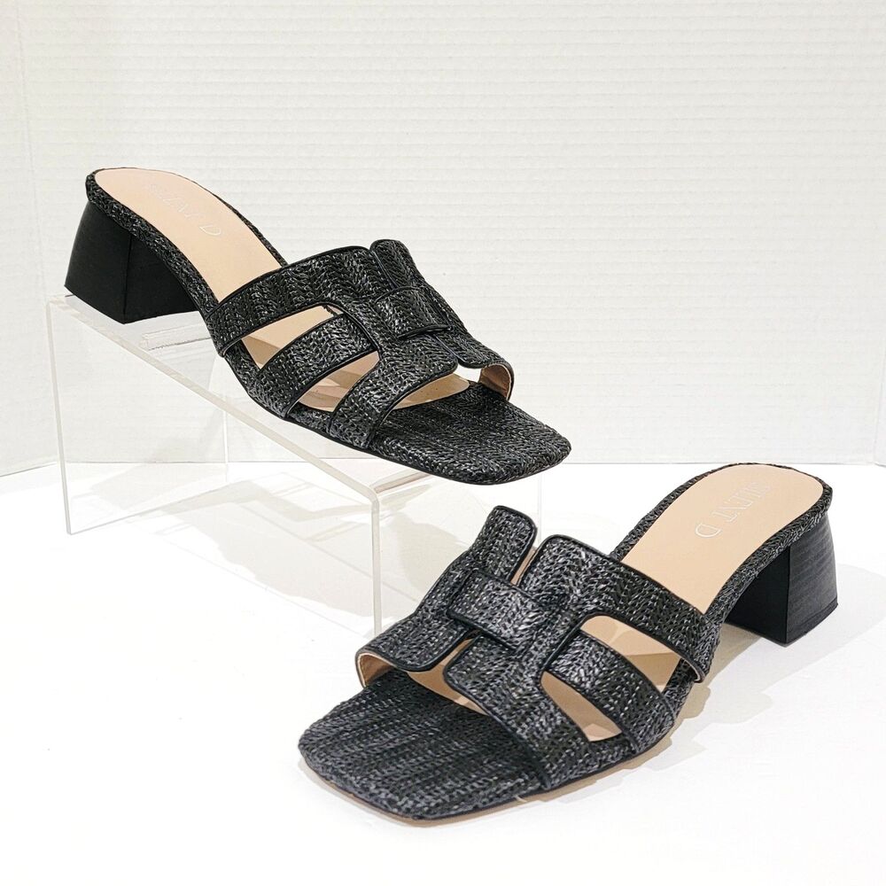 Silent D Piper Raffia Sandals Women's Size 41 US 9.5 10 Black Block Slide Heels
